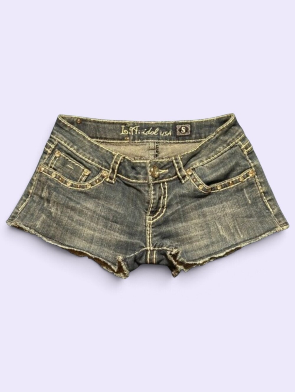 LA Idol Jeans Womens Rhinestone Flap Pocket Denim Shorts Size S W29 Y2K
